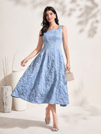 Vestido Maxi Sem Mangas Jacquard Floral Elegante para Mulheres - Decote Quadrado, Azul Claro com Padrões Florais Intricados, Perfeito para Férias de Primavera/Verão, Vestuário de Férias | Vestido com Estampa Floral | Decote Quadrado, Vestido Floral