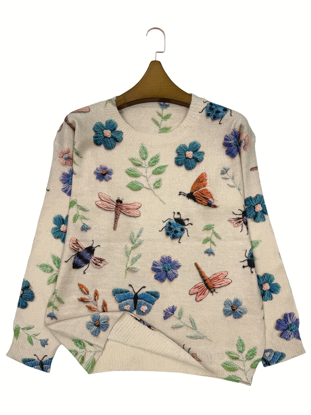 (Impressão Digital 2D) [Estampa Total] [Leve] [Suéter] Suéter de Malha Leve com Estampa Completa de Insetos, Gola Redonda Casual e Manga Longa, Moda Feminina