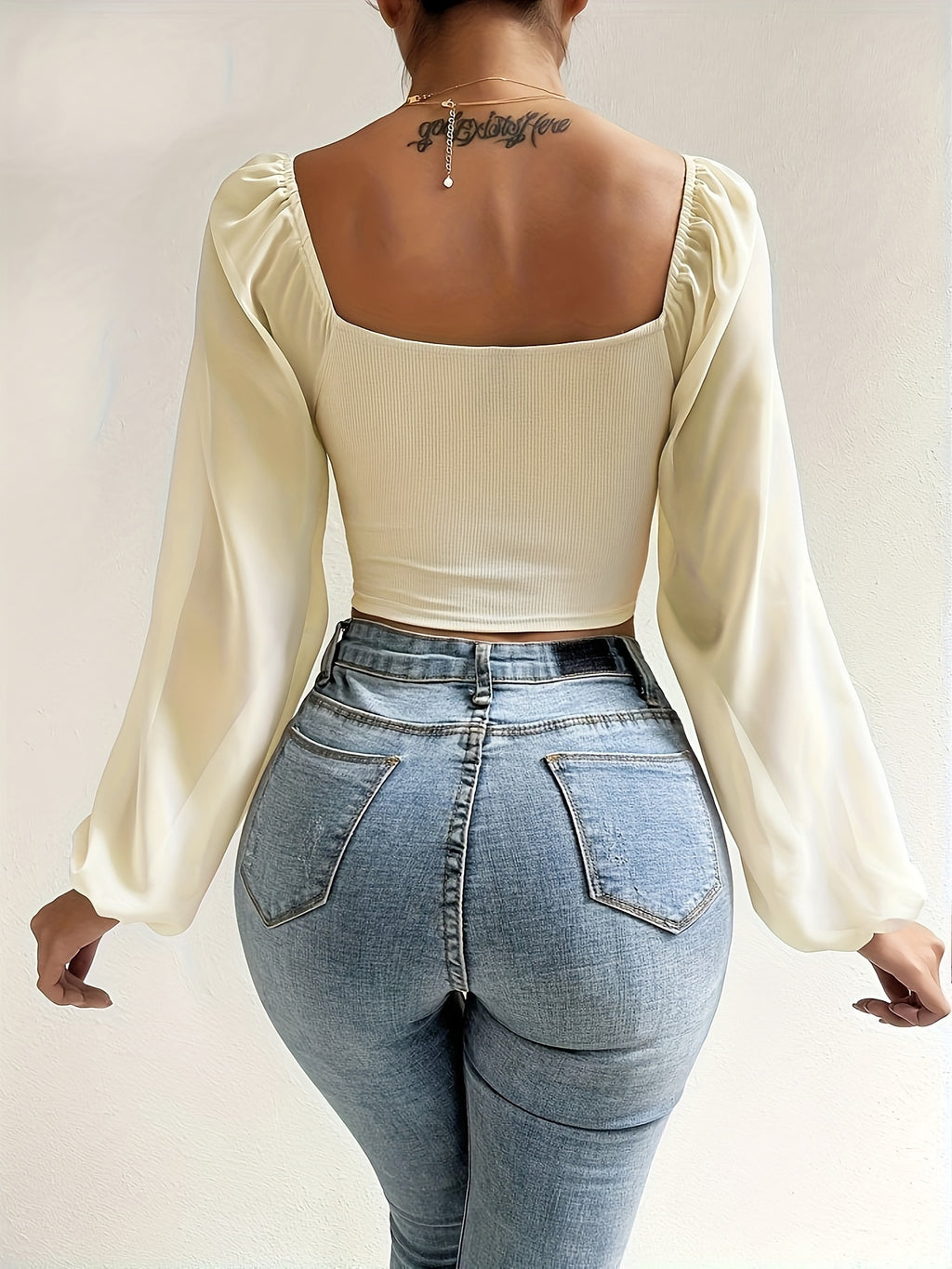 Top Curto Com Cordão E Decote Em Coração, Blusa Casual Ilusão Com Manga Lanterna Para Primavera E Outono, Roupas Femininas