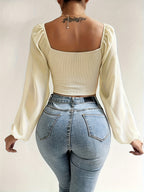 Top Curto Com Cordão E Decote Em Coração, Blusa Casual Ilusão Com Manga Lanterna Para Primavera E Outono, Roupas Femininas