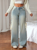 Calças Jeans AW25 de Cintura Alta e Perna Larga para Mulheres, Calças Casuais Roupas Desgastadas e Folgadas