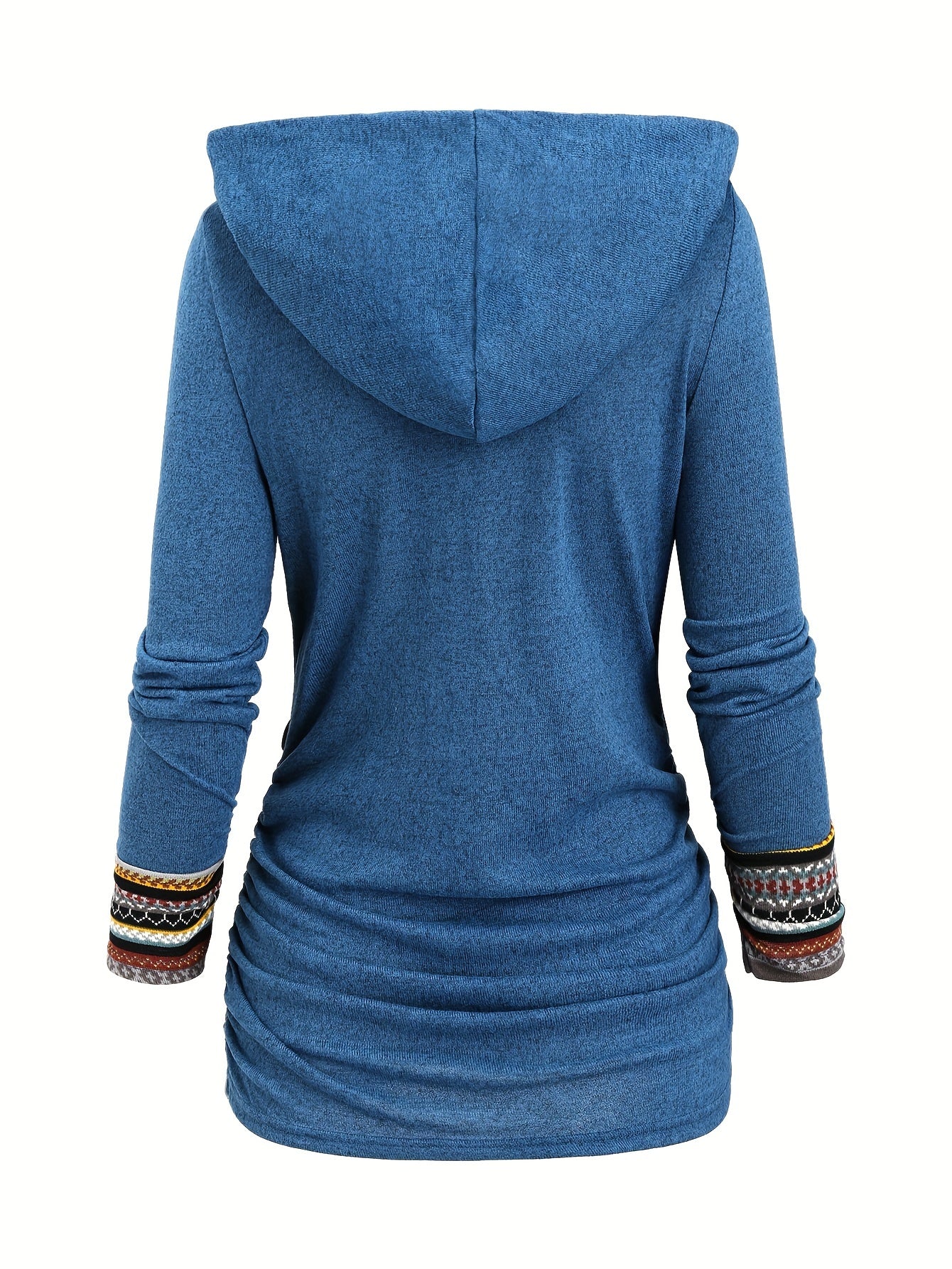 Sweatshirt com capuz de moda feminina, manga comprida, estampado de riscas, malha de patchwork com botões falsos, poliéster 95% spandex 5%, temporada outono/inverno, peso da peça 180g/m²