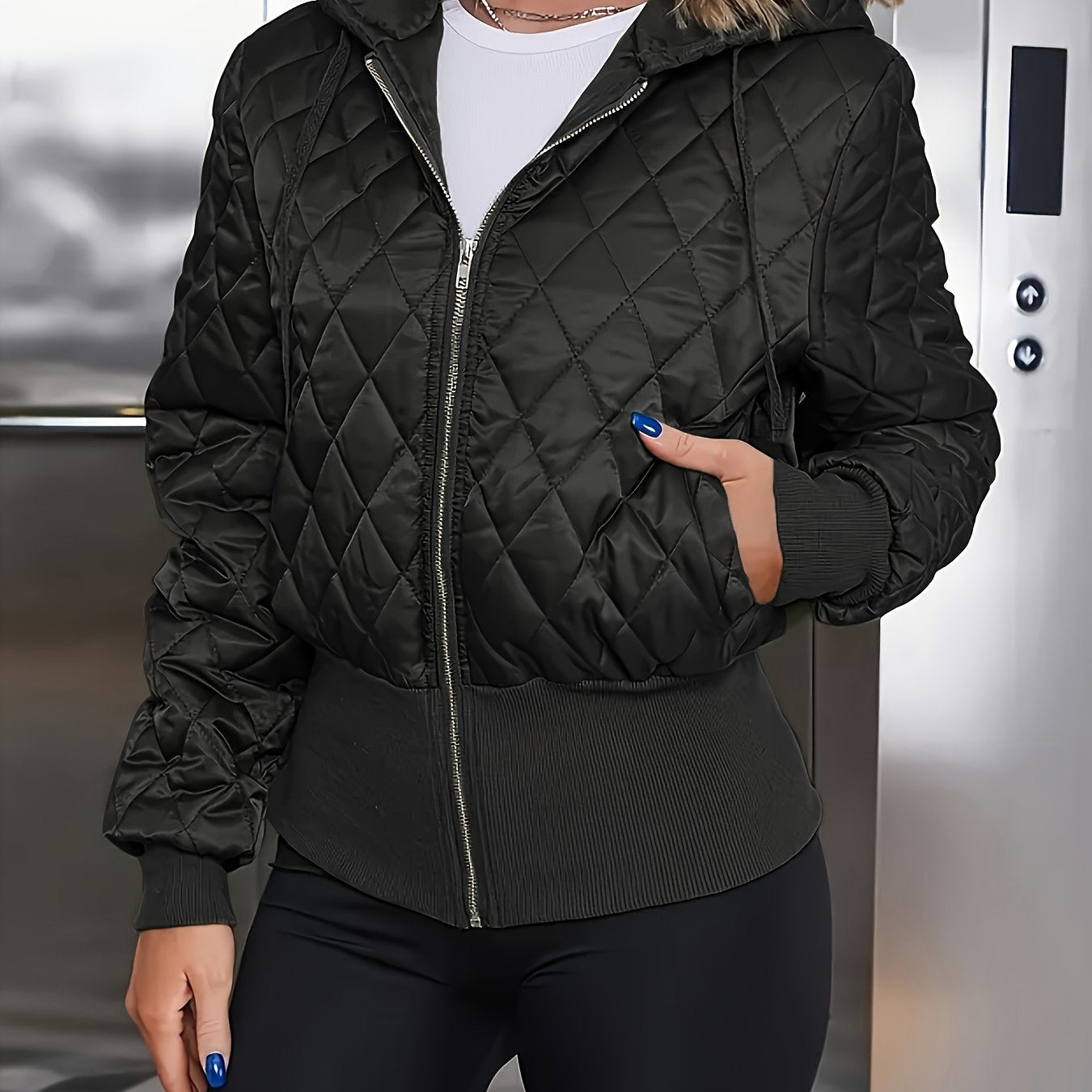 Elegant Hooded Quilted Jacket in Military Green