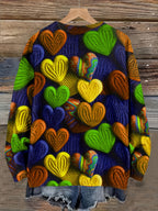 Tamanho Grande - Camisola Elegante Feminina com Padrão de Corações | Época de Outono, Gola Redonda, Manga Comprida, Corte Oversize, Pulôver com Estampado Digital