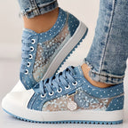 Tênis Casual Feminino com Malha Floral e Cobertura - Sapatos de Primavera Respiráveis de Cano Baixo com Cadarço e Bico Redondo, Calçado Confortável e Durável para Looks Casuais, Tênis Femininos, Calçado Estiloso ChicMe