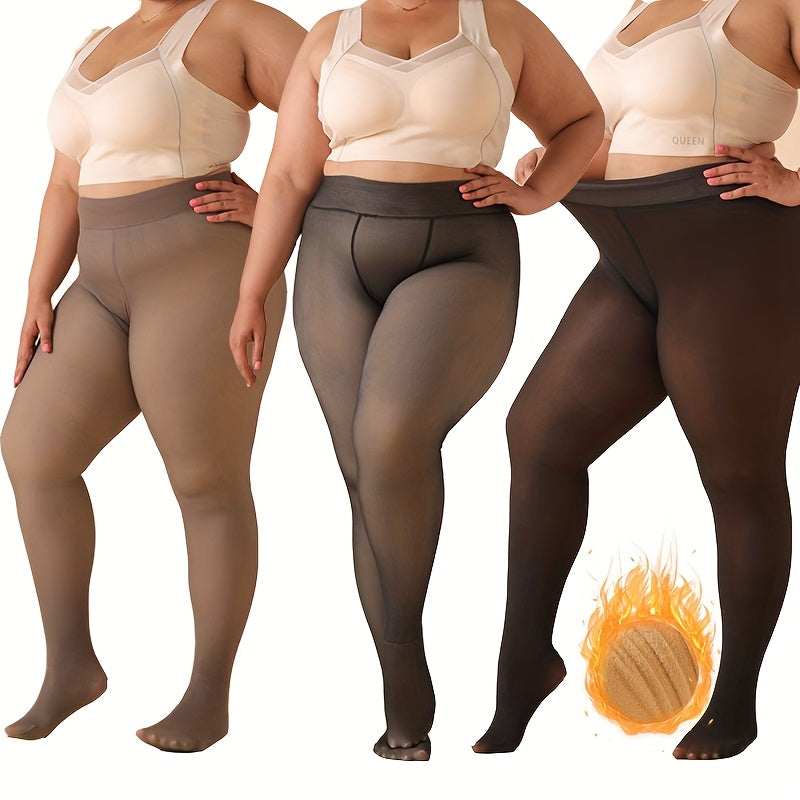 Pacote com 3 Meias-Thermal Femininas Plus Size - Aquecedores de Pernas Grossos para Inverno, Calças-Leggings Opacas Compridas (Bege/Marrom/Preto) - Alta Elasticidade e Controle da Barriga & Ajuste Sem Costura Para Clima Frio, Treinos ou Uso Casual
