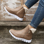 Botas de Inverno Femininas Aconchegantes com Forro de Fleece - Cano Curto, Solado Grosso, Zíper Lateral, Detalhe de Estrela, Bico Redondo Casual, Bege, Para Clima Frio, Botas de Inverno, Solado Grosso, Botas Curtas, Botas para Clima Frio