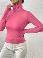 Top de corte alto de manga comprida para mulher - Mistura de poliéster preto elástico, corte casual chic com detalhe de botão, perfeito para outono/inverno, top casual chic|Estilo minimalista|Mistura de poliéster