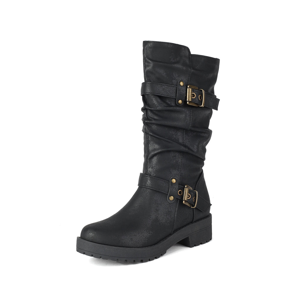 Botas de cano médio estilo retro para mulher com parte superior falsa, forro de lã, salto baixo e fecho de correr para o inverno