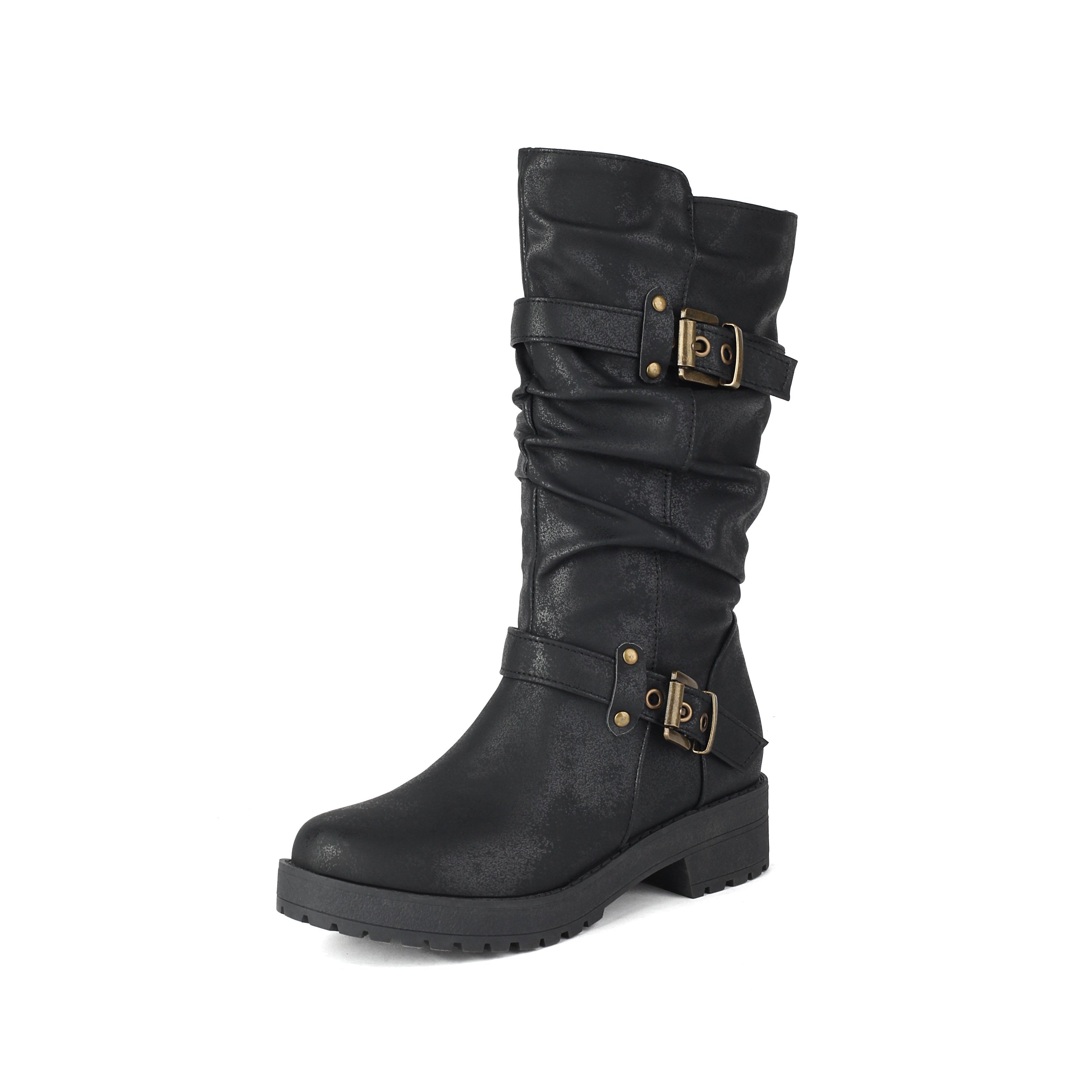 Botas de cano médio estilo retro para mulher com parte superior falsa, forro de lã, salto baixo e fecho de correr para o inverno