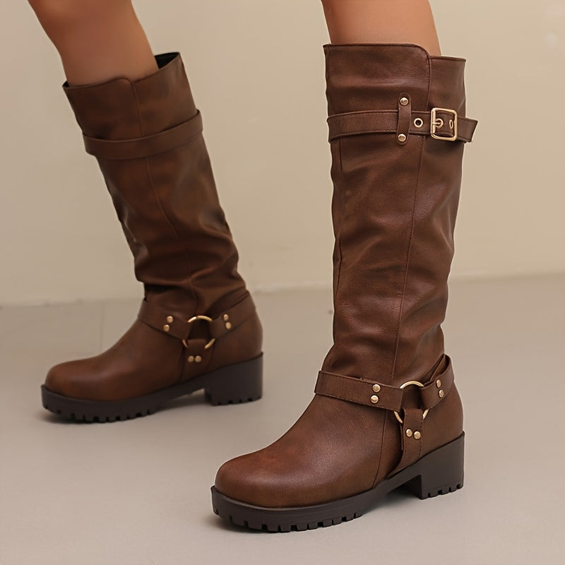 Botas de cavaleiro para mulheres - Botas de cano alto com plataforma grossa, cobertura de imitação para todas as estações, botas de cowboy para uso diário e formal - Tamanhos estendidos disponíveis - Sola de borracha antiderrapante fácil de limpar - Calçado de moda europeu/americanas, botas de cowgirl, calçado versátil, design de bique redondo, construção durável, uso casual, forro confortável, uso de escritório, calçado elegante, lavável à mão, escolha de botas fabulosas, bique, calçado acess