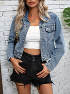 Casacos de ganga de mangas compridas azuis, jaquetas de ganga com lapela cortada e bolsos com aba de botão único, roupas de ganga feminina