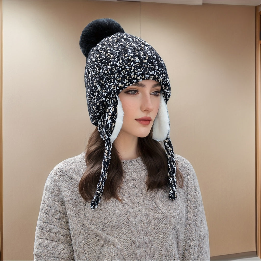 Gorro de Inverno Feminino em Fleece com Abas Desmontáveis e Pom-Pom - Fechamento Elástico por Cordão, Branco/Preto/Cinza/Bege- - Gorro Quente para Esqui, Snowboarding, Atividades ao Ar Livre no Tempo Frio