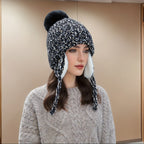 Gorro de Inverno Feminino em Fleece com Abas Desmontáveis e Pom-Pom - Fechamento Elástico por Cordão, Branco/Preto/Cinza/Bege- - Gorro Quente para Esqui, Snowboarding, Atividades ao Ar Livre no Tempo Frio