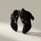 Botas Femininas de Tornozelo: Preto com renda bordada - salto bloco em malha, estilo Gótico e Bohemian. Presente ideal para mulheres, perfeitas para vestidos elegantes, festas, casamentos e viagens