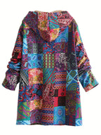 Casaco com Capuz Forrado de Fleece com Estampa Paisley & Floral Colorida - Quente, com Botões, Manga Longa, Roupa de Fora para Mulheres, Lavável à Máquina