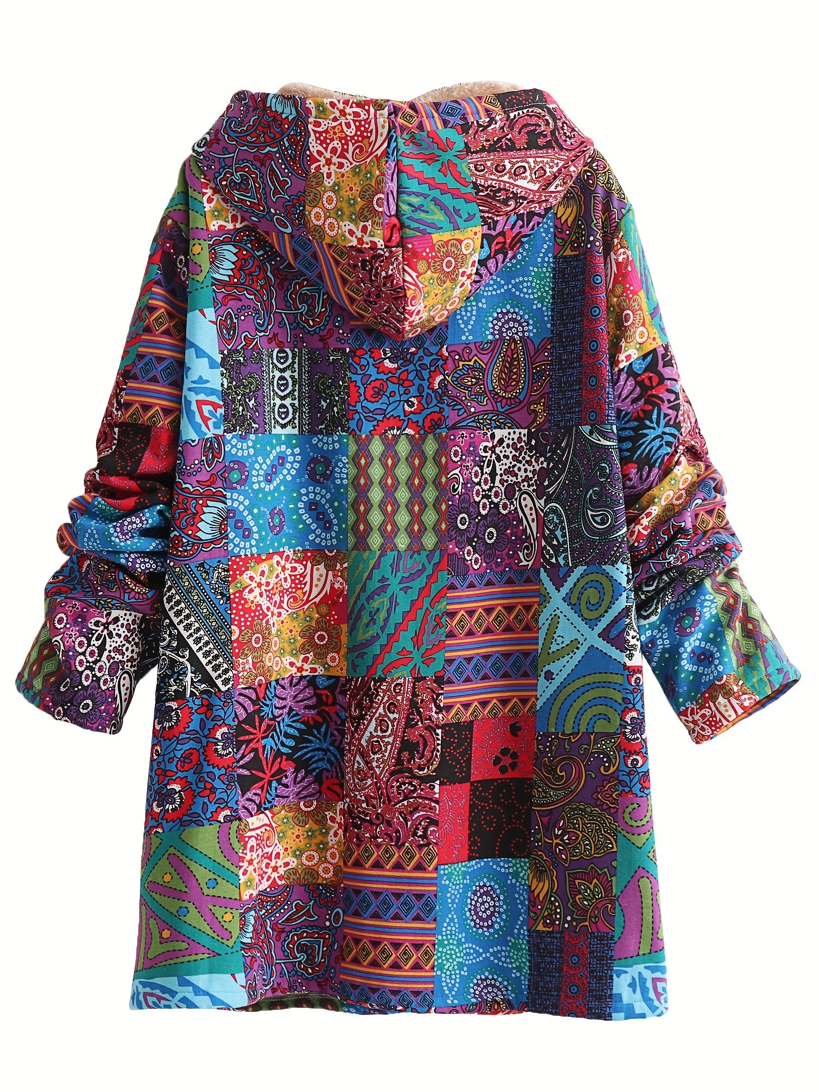 Casaco com Capuz Forrado de Fleece com Estampa Paisley & Floral Colorida - Quente, com Botões, Manga Longa, Roupa de Fora para Mulheres, Lavável à Máquina