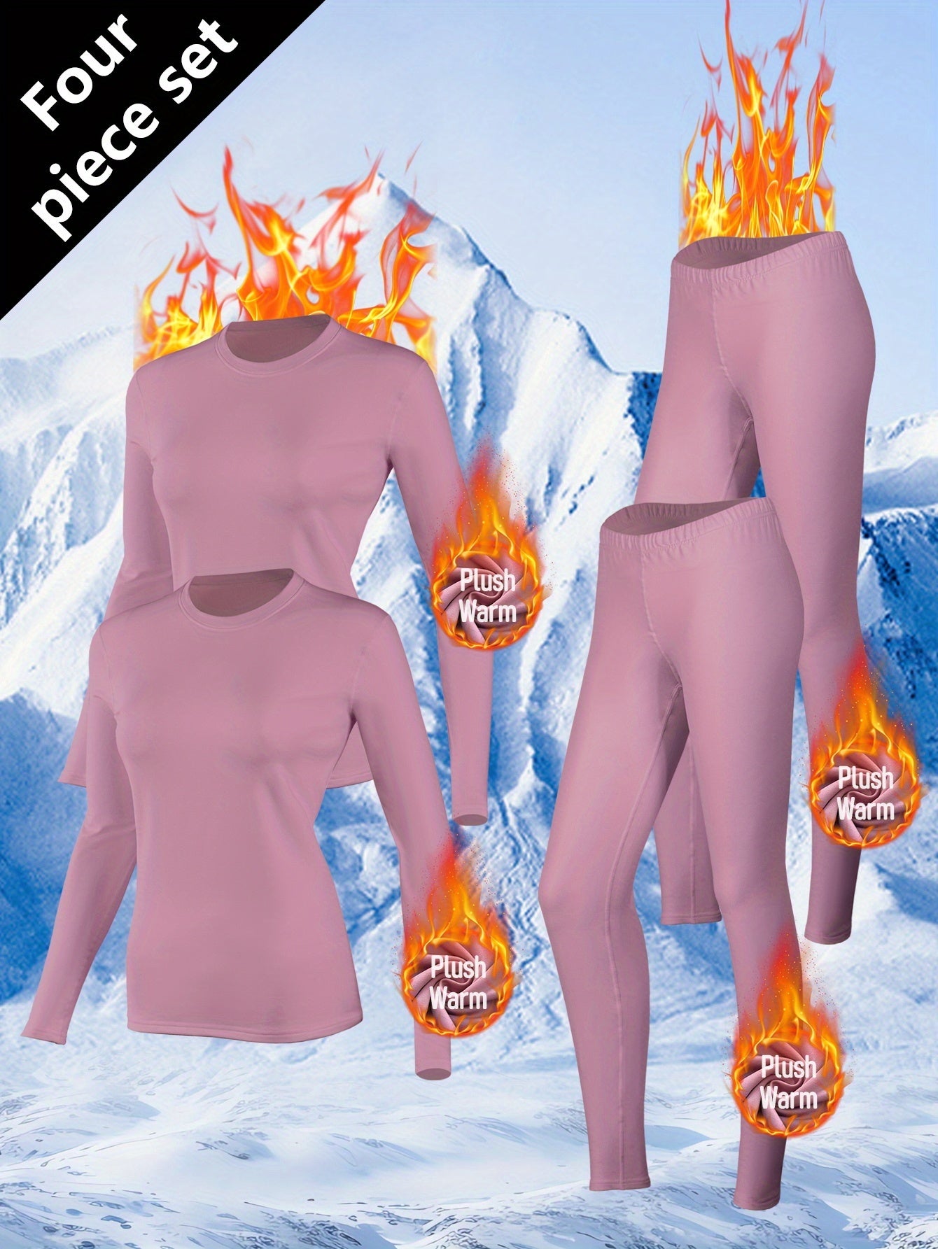 Conjunto de 4 Peças para Mulheres: Roupa Íntima Quente com Forro Polar, Camiseta e Calça Térmica para o Inverno