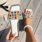 Sandálias Femininas Coloridas com Strass - Elegantes Sandálias de Dedo Aberto para o Verão com Design de Pedras Preciosas Vibrantes, Chinelos Casuais Confortáveis para Festas e Eventos ao Ar Livre, Calçados de Praia | Sandálias Vibrantes | Decorações com Pedras Preciosas, Sandálias Femininas