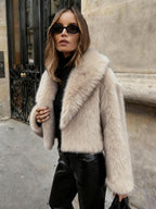 Jaqueta Curta de Inverno com Forro de Pelo Falso - Casaco Macio e Quente Ideal para Outono/Inverno, Lavável na Máquina, Casaco Curto Casual em Cor Sólida com Detalhes em Pelo Falso Bege Claro