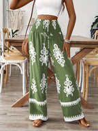 Calças Femininas de Perna Larga com Estampa Floral em Azul Marinho e Branco, Cintura Elástica com Cordão e Detalhe de Smocking - Lavável à Máquina, Confortáveis para Todas as Estações, Tecido Suave e Elegante