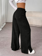 Calças de Bombazine de Perna Larga Elegantes para Mulher | Cor Sólida, Comprimento Longo Confortável, Estação Outono/Inverno, Corte Normal, Racha Lateral, Sem Cinto