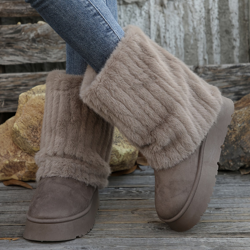 Botas de Inverno Femininas Plus Size com Gola e Borda Pelúcia - Solado Alto/Curso (Ajustável) para Neve, Cano Curto ou Longo em Bege Faux-Fur & Soleira Antiderrapante – Calçados Aconchegantes contra o Frio, Botas de Inverno para Mulheres, Roupas de Inverno para Mulheres, Botas, Botas de Neve para Mulheres, Roupas de Inverno para Mulheres, Botas para Mulheres de Inverno, Bota Feminina, Botas de Neve para Mulheres, Roupas de Inverno Femininas, Botas para Mulheres Tamanho Plus,