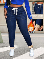 Jeans Skinny Azuis de Corte Plus Size com Cordão | Detalhe Elegante de Inverno em Cor Sólida e Alta Elasticidade