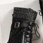 Comfyfit, Botas Femininas de Forro de Fleece Confortáveis até a Meia-Perna - Xadrez Casual, Zíper Lateral, Salto Baixo para Andar de Moto no Inverno & Estilo Ocidental, Botas de Moto