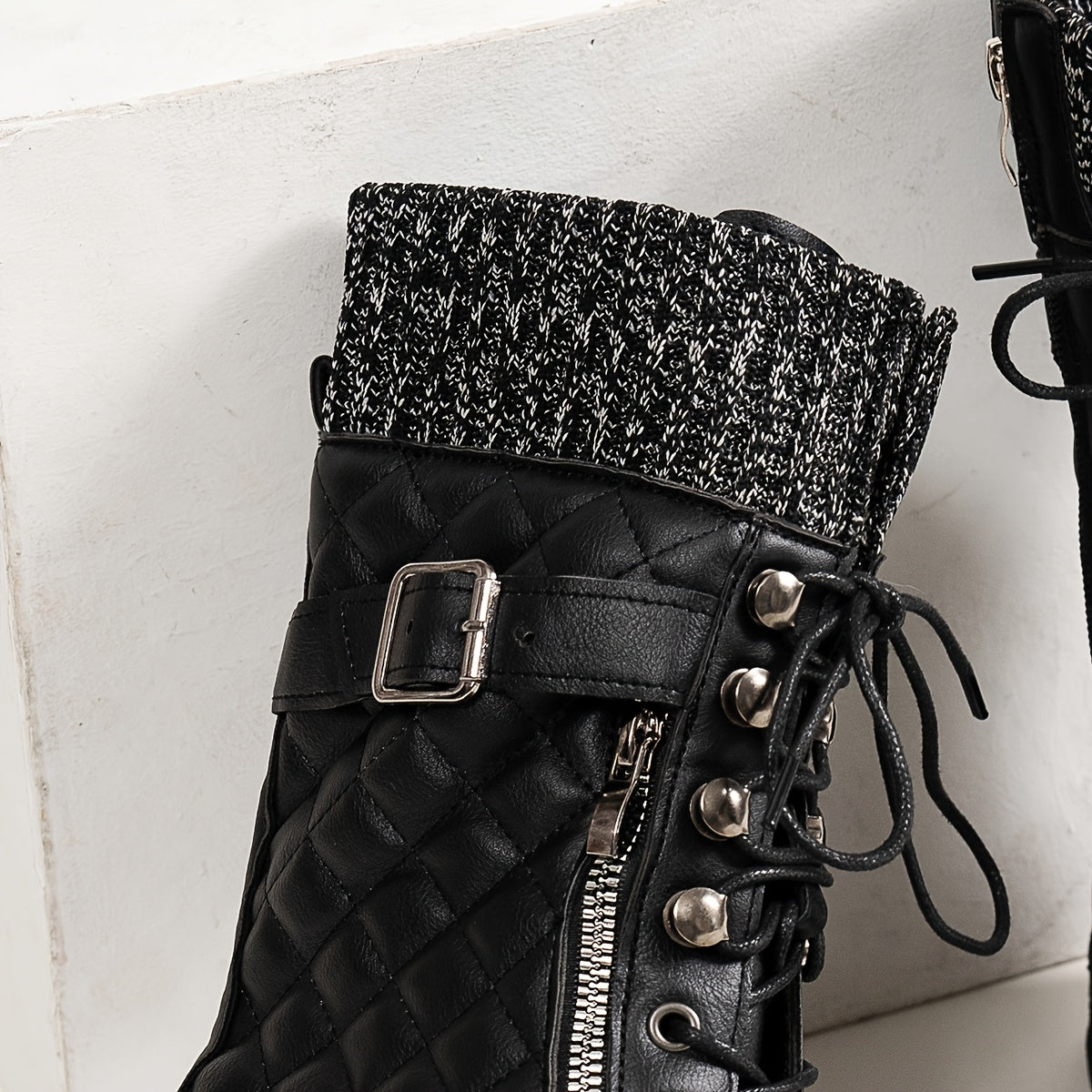 Comfyfit, Botas Femininas de Forro de Fleece Confortáveis até a Meia-Perna - Xadrez Casual, Zíper Lateral, Salto Baixo para Andar de Moto no Inverno & Estilo Ocidental, Botas de Moto