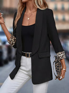 Blazer Elegante Preto para Mulheres Plus Size - Jaqueta com Gola Aberta e Mangas 3329, Lavável à Mão, Corte Versátil para Todas as Estações, Ideal para Uso Casual e Profissional no Escritório | Tecido Sem Elasticidade