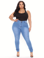 Calças de ganga de cintura alta para mulheres - Ajuste fino, denim azul claro, estilo casual, fecho de correr, conforto para todas as estações, calças de ganga de cintura alta, moda confortável, tecido durável