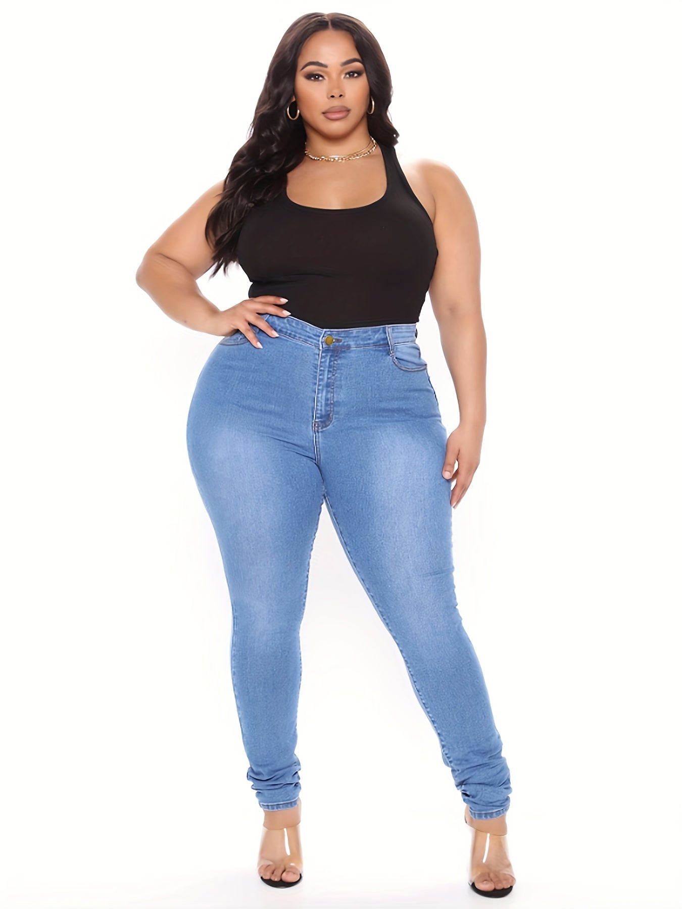 Calças de ganga de cintura alta para mulheres - Ajuste fino, denim azul claro, estilo casual, fecho de correr, conforto para todas as estações, calças de ganga de cintura alta, moda confortável, tecido durável