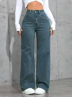 Calças de ganga azul retas com cintura alta e elásticas para mulheres, confortáveis e estilosas 2025, estilo casual, feitas em tecido lavado retrô durável e ajustadas ao corpo, perfeita para streetwear