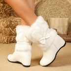 Botas de Inverno Acolchoadas para Mulheres - Botas Médias Confortáveis com Solado Grosso, Bico Redondo e Detalhe em Laço nas Cores Branco, Preto e Rosa - Perfeitas para o Clima Frio