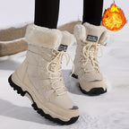 Botas de Inverno para Mulheres - Botas de Cano Médio com Forro de Lã Bege Claro, Acabamento de Pelúcia Faux Fur, Sola Grossa de TPR e Design de Atacadores para Esportes ao Ar Livre, Uso Casual - Presente Aconchegante para Mulheres, Botas de Inverno, Calçado para Atividades ao Ar Livre, Calçado de Inverno Elegante, Calçado de Inverno Durável