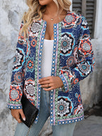 Jaqueta Feminina Elegante Casual com Estampa Floral - Blazer de Outono/Inverno Lavável à Máquina com Gola Redonda e Bolsos, Design Floral Azul Vibrante & Laranja para Looks Casuais e Semi-Formais, Roupa Fácil de Cuidar