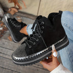 Botas de Inverno com Plataforma Grossa, Decoradas com Strass e Cadarço para Mulheres - Botins Cano Curto em Fleece, Sola Espessa de Borracha Redonda na Ponta, Brilhantes Bota de Neve para Natal, Ano Novo & Clima Frio (Preta) - Estilo Moda Coreana