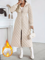 Casaco Longo de Quilting Elegante para Mulheres - Cor Sólida Manga Longa Inverno Quente com Bolsos, Design com Capuz, Comprimento Regular, Sem Cinto, Perfeito para Vestidos Casuais ou Elegantes, Casaco de Inverno, Casaco de Inverno para Mulheres