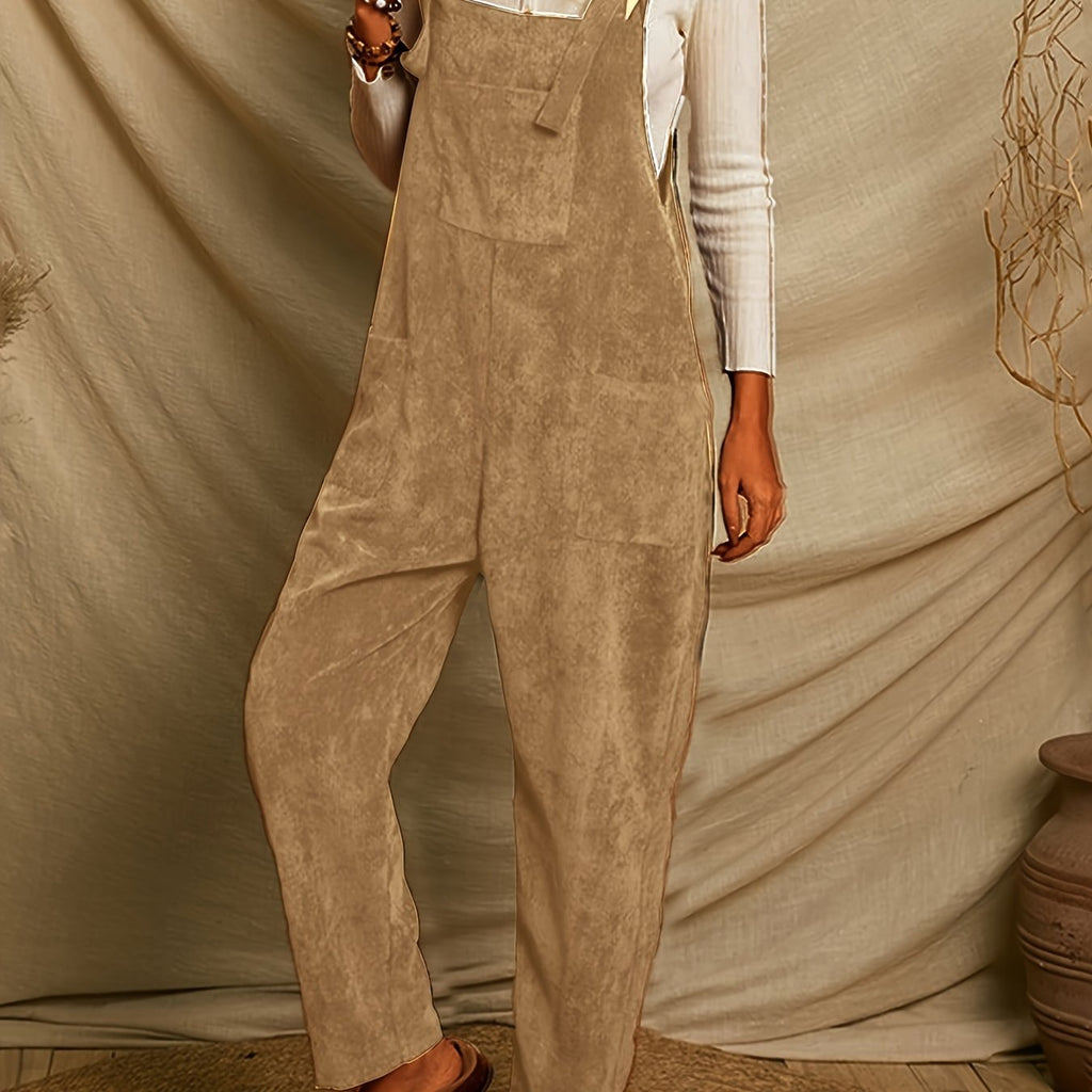 Velvet Solid Jumpsuit with Patch Pockets for Women