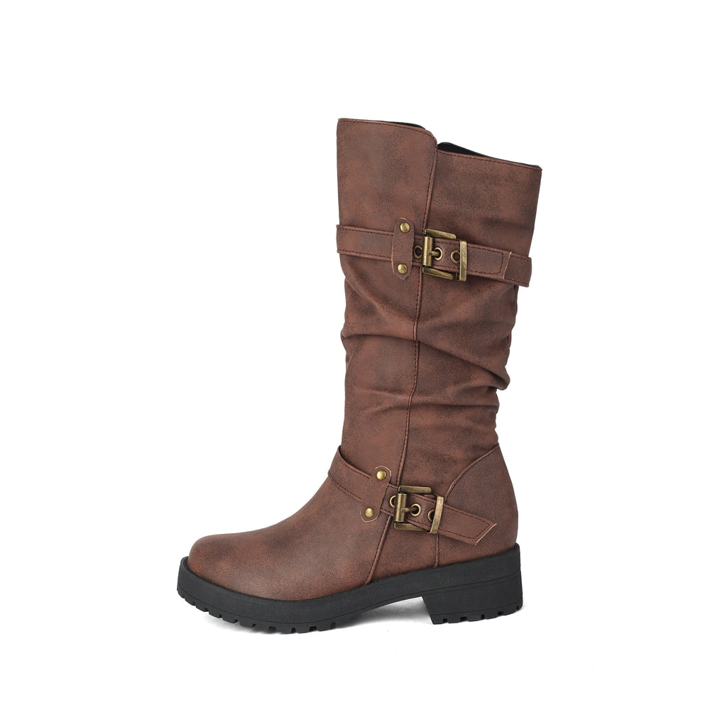 Botas de cano médio estilo retro para mulher com parte superior falsa, forro de lã, salto baixo e fecho de correr para o inverno