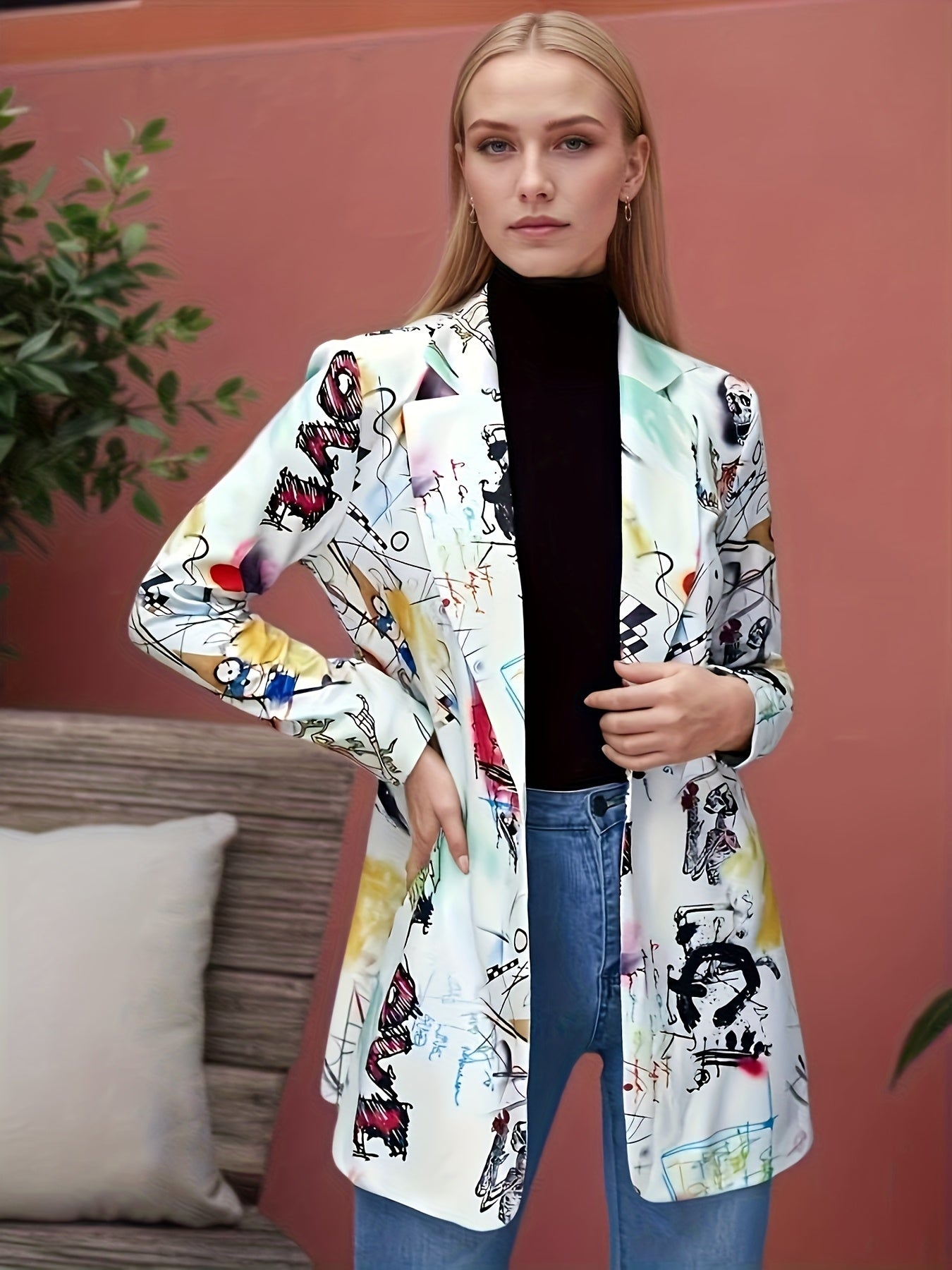 Blazer Plus Size Feminino com Estampa Neon Graffiti - Jaqueta Streetwear Retrô, Casaco Casual Solto para Mulheres Modernas