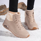 Botas de inverno para mulheres com cano médio, forro de lã espessa e parte superior de PU respirável - Botas de neve com biqueira redonda para clima frio, looks casuais e desportivos, botas de inverno, calçado para exterior, calçado moderno, construção durável