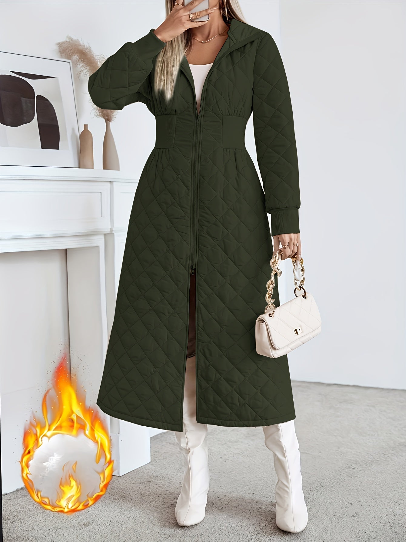 Casaco Longo de Quilting Elegante para Mulheres - Cor Sólida Manga Longa Inverno Quente com Bolsos, Design com Capuz, Comprimento Regular, Sem Cinto, Perfeito para Vestidos Casuais ou Elegantes, Casaco de Inverno, Casaco de Inverno para Mulheres