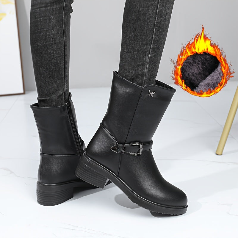 Botas Femininas de Cano Médio, Botinhas Curtas Forradas com Pelúcia para Aquecimento no Inverno