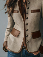 Casaco Casual Elegante Vintage Feminino PU Patchwork Estiloso Gola Alta Abotoadura Simples