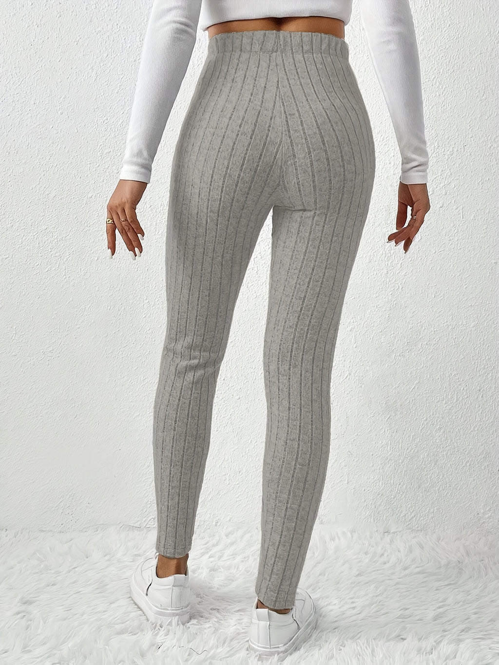 Leggings de cintura alta em cor sólida com cordão falso, com nervuras, Skinny Casual Stretchy Leggings para uso diário, Roupa de mulher