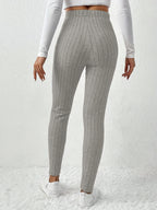Leggings de cintura alta em cor sólida com cordão falso, com nervuras, Skinny Casual Stretchy Leggings para uso diário, Roupa de mulher