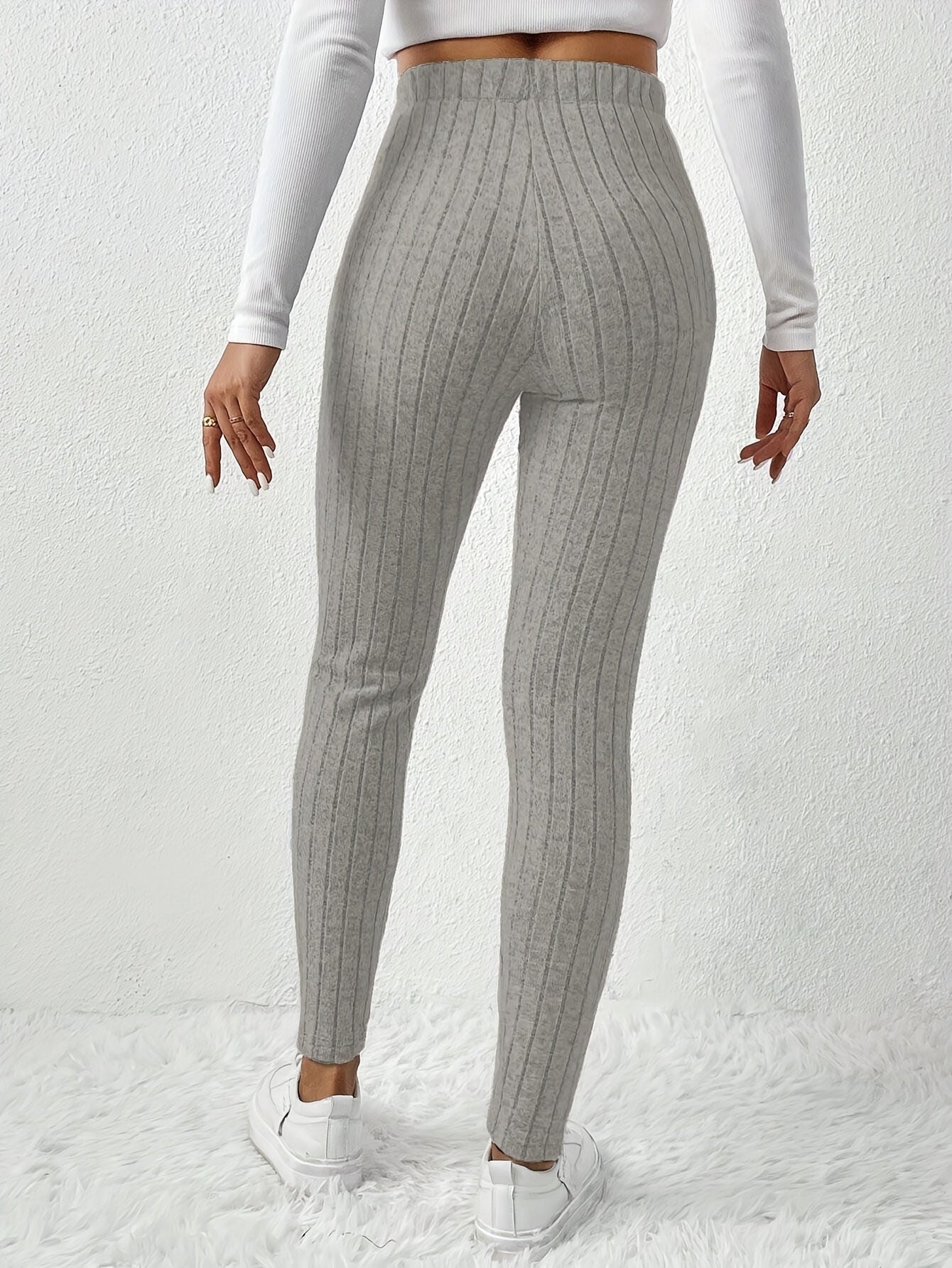 Leggings de cintura alta em cor sólida com cordão falso, com nervuras, Skinny Casual Stretchy Leggings para uso diário, Roupa de mulher