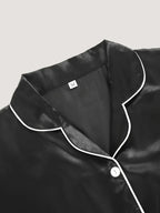 Conjunto Simples De Lounge Em Cetim Sólido, Top Com Botões De Manga Comprida E Lapela & Calças Elásticas, Loungewear Para Mulheres